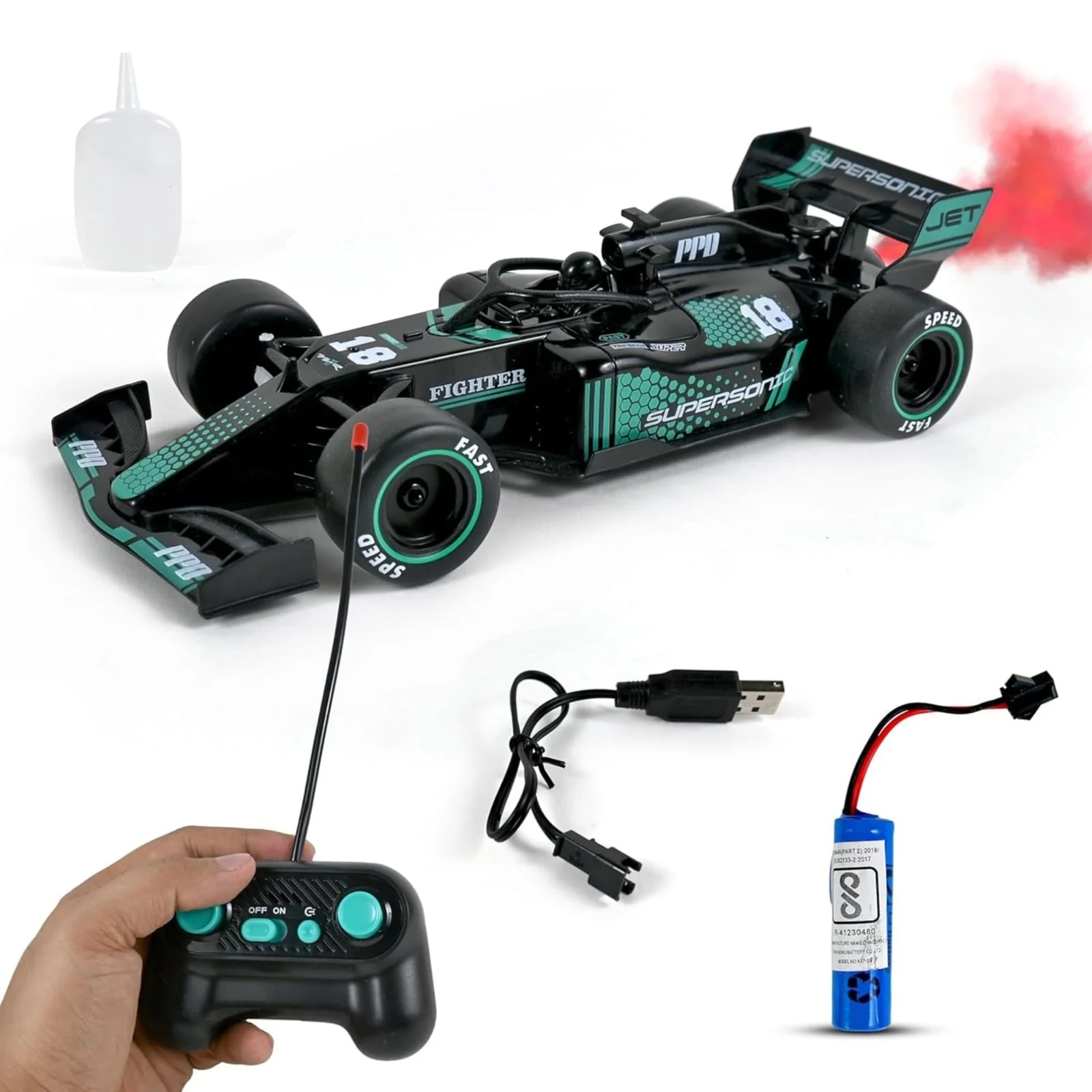 F1 style RC drift car with remote, battery, USB cable and smoke bottle