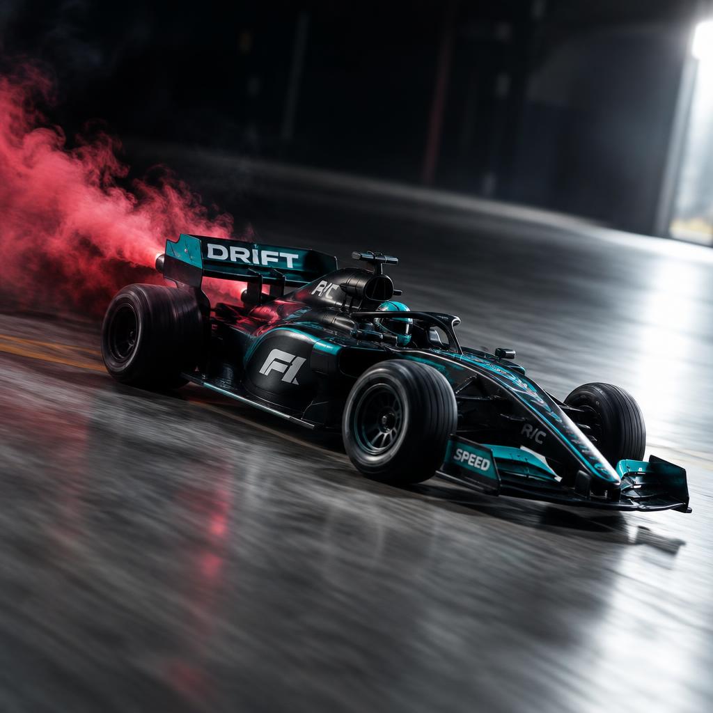 F1 style RC drift car drifting with vapour smoke trailing from its exhaust